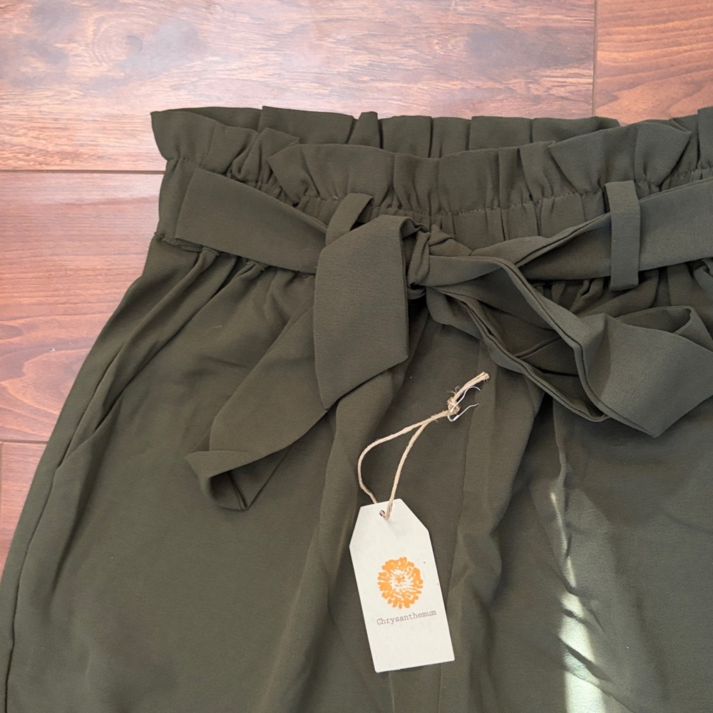 Chrysanthemum Olive Green High Waisted Paperbag Bow Trendy Cropped Trousers Sz S - Picture 4 of 5